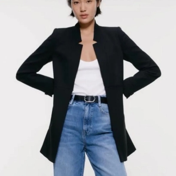 ZARA WOMEN INVERTED LAPEL FROCK COAT LONG BLAZER BLACK CLASSIC SIZE L - Picture 9 of 12